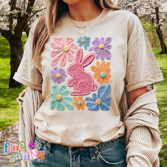 Boho Easter Bunny Flowers Faux Yarn Tee